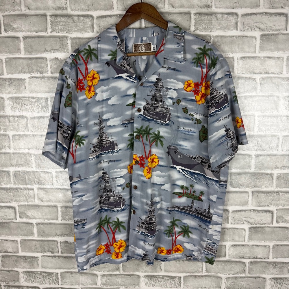 Kalaheo Mens XL Hawaiian Shirt Battleship Navy Military Pearl Harbor Blue Grey